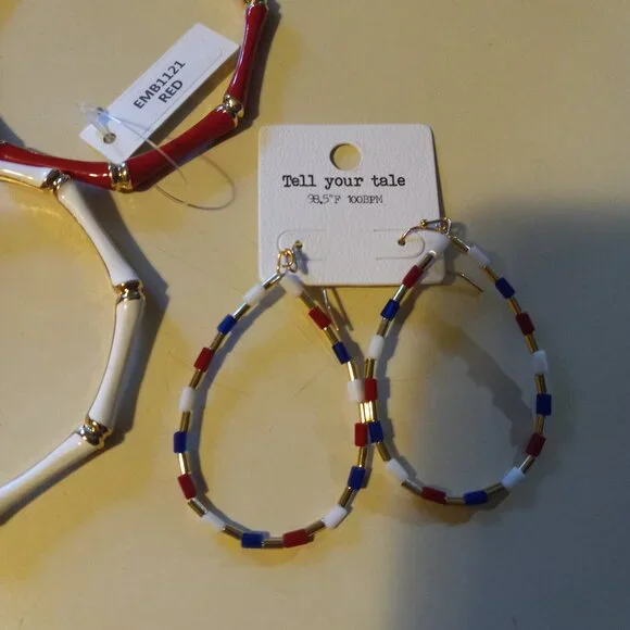 3 enamel bracelets & coordinating earrings in red, white, & blue - Picture 2 of 4